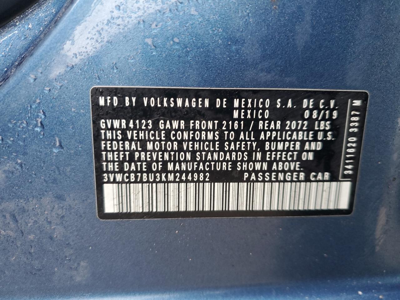 2019 Volkswagen Jetta VIN 3VWCB7BU3KM244982 Copart auction photo, front end / side damage thumbnail 12