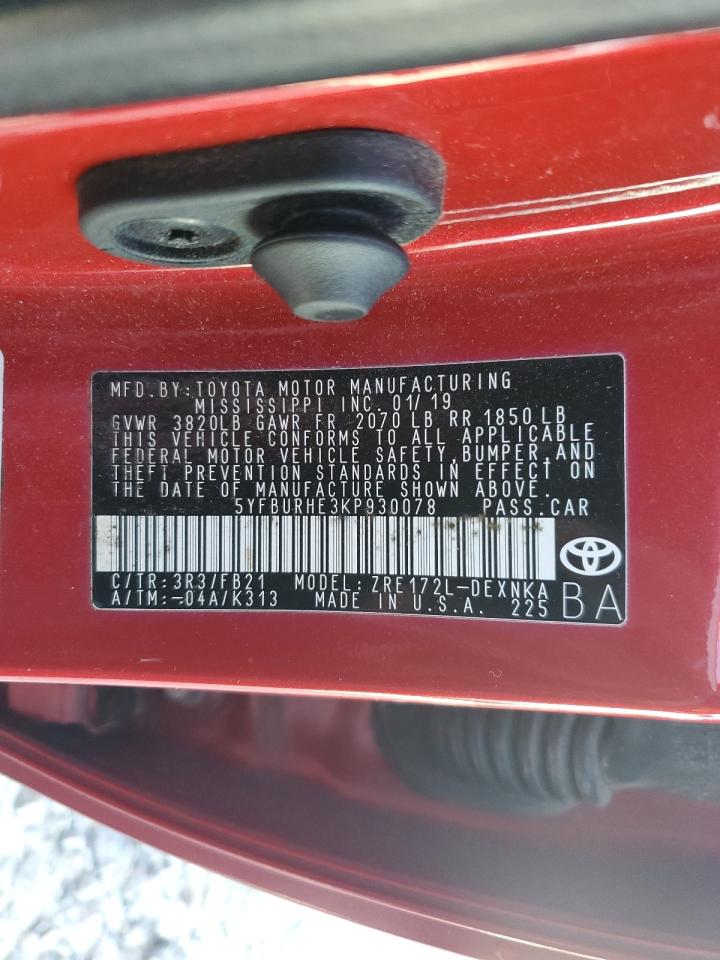 2019 Toyota Corolla VIN 5YFBURHE3KP930078 Copart auction photo, rear end damage thumbnail 12