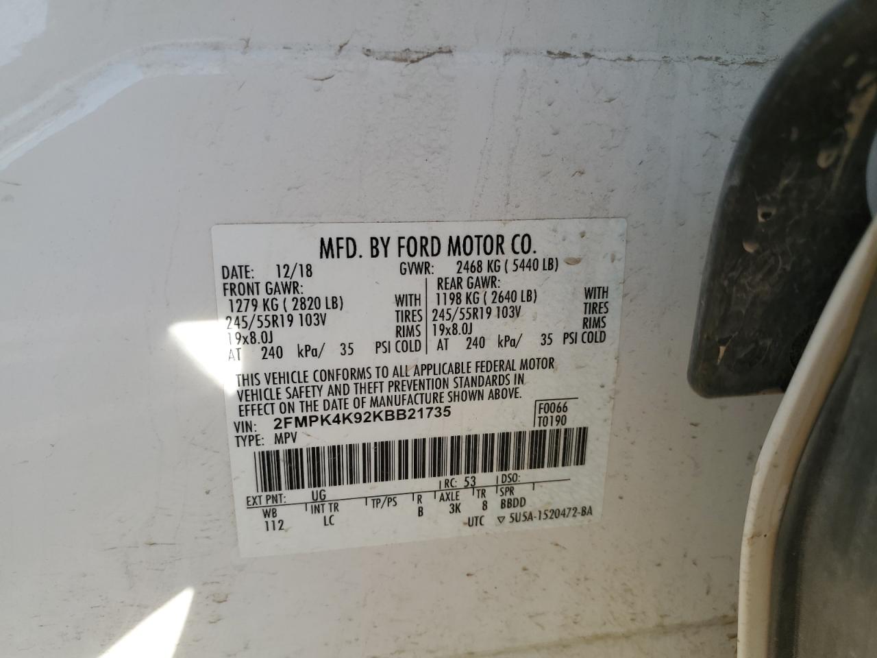 2019 Ford Edge VIN 2FMPK4K92KBB21735 Copart auction photo, side damage thumbnail 13