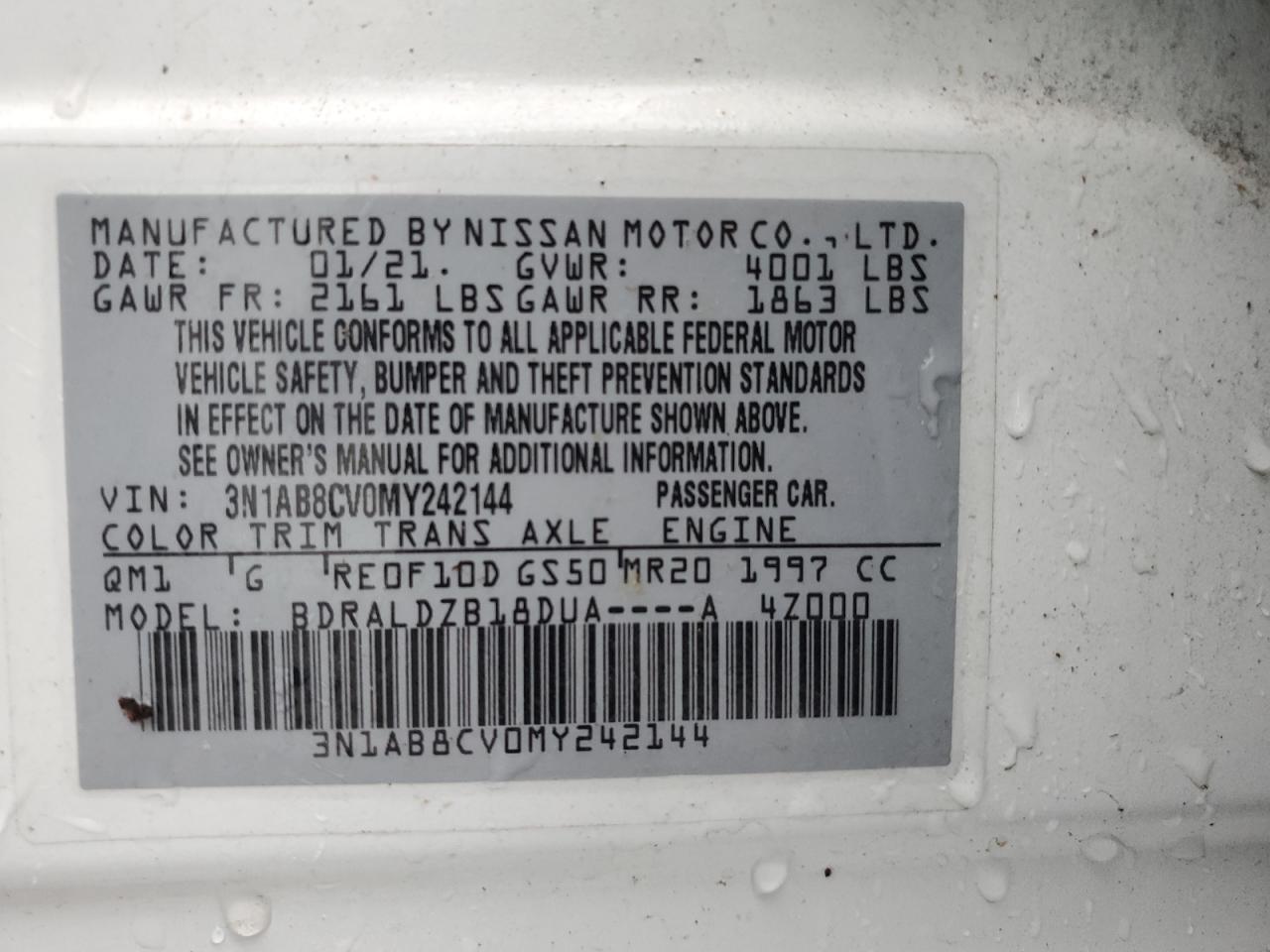 2021 Nissan Sentra VIN 3N1AB8CV0MY242144 Copart auction photo, water/flood damage thumbnail 12