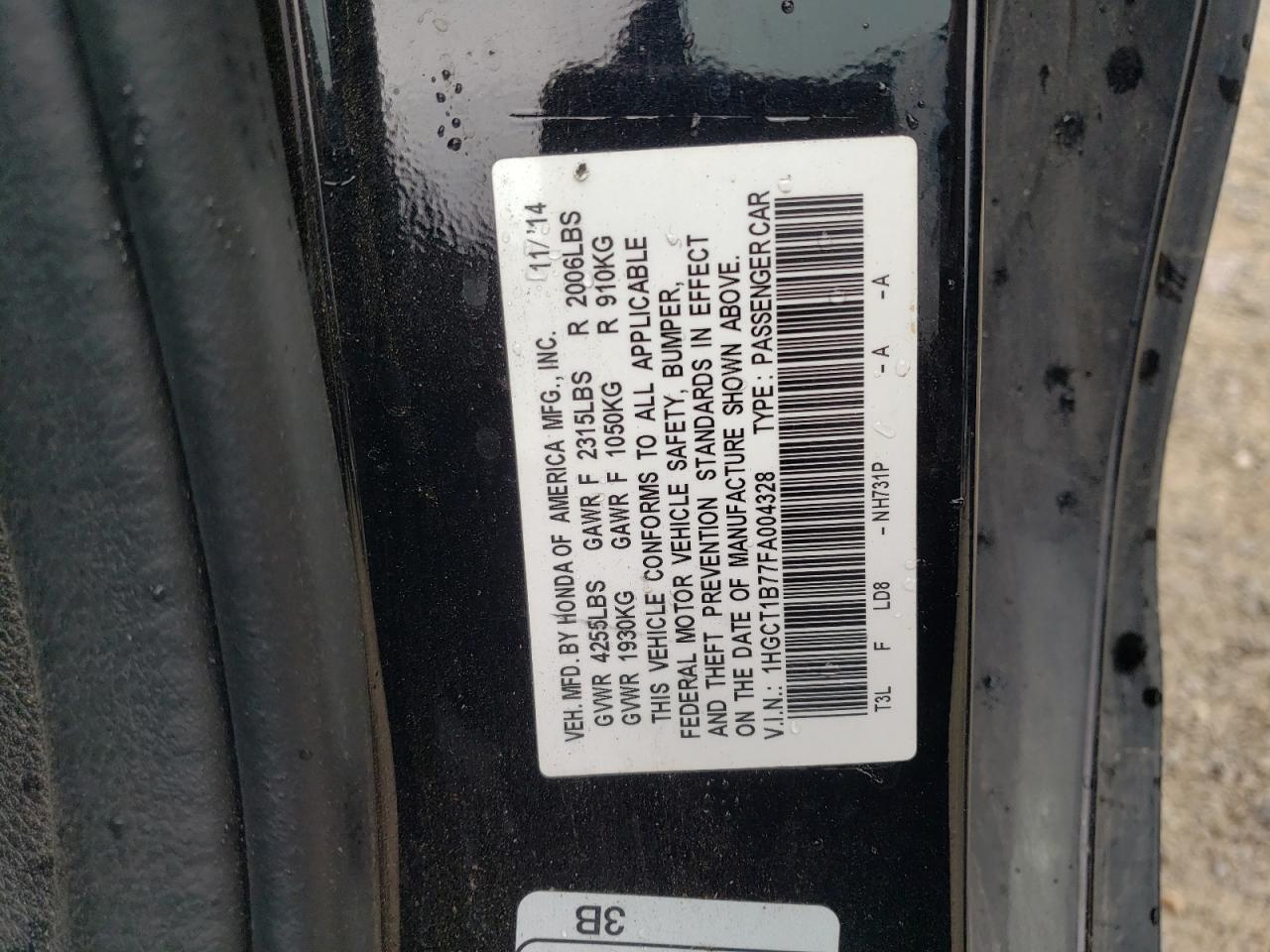 2015 Honda Accord VIN 1HGCT1B77FA004328 Copart auction photo, front end damage thumbnail 12