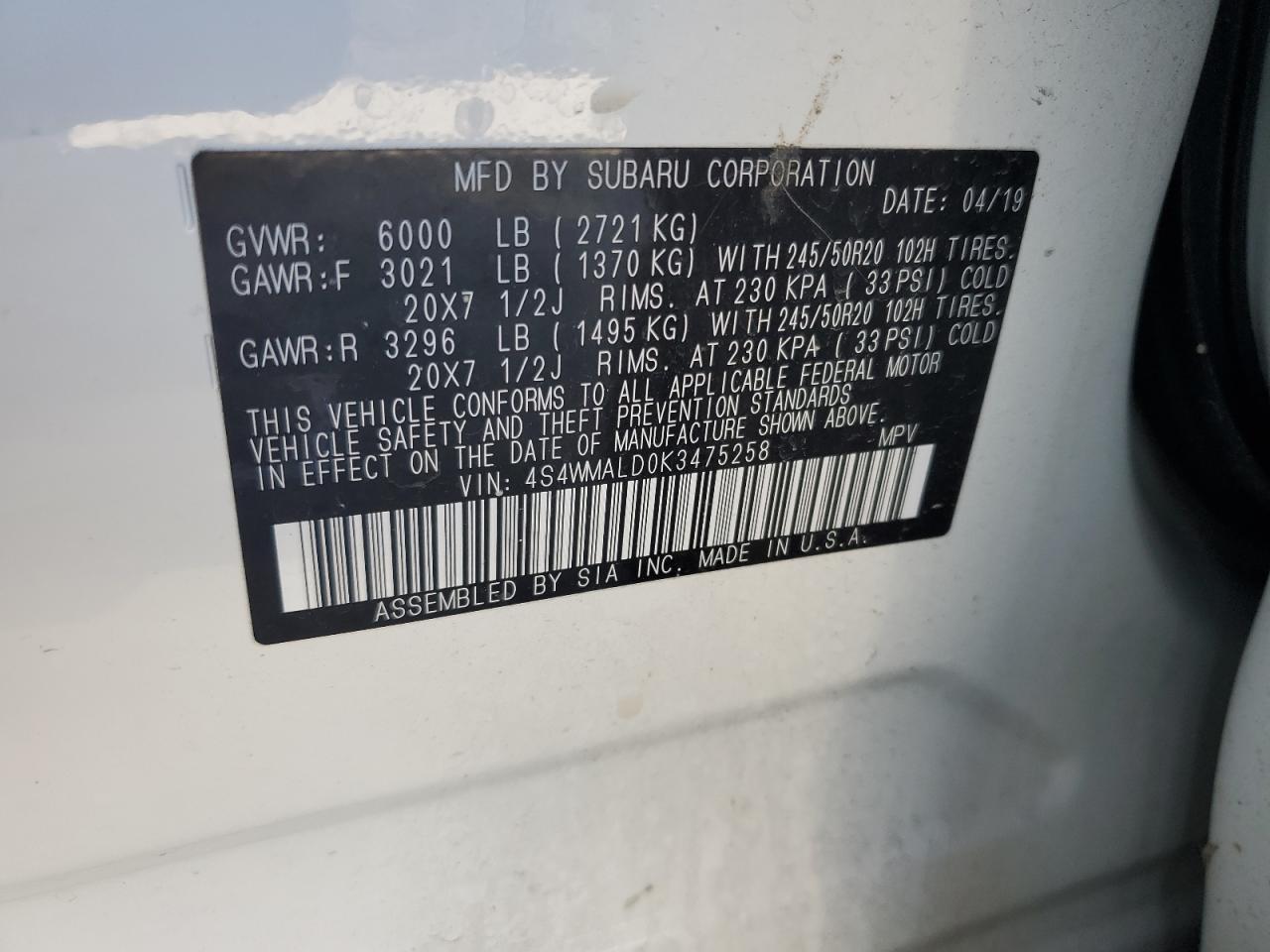 2019 Subaru Ascent VIN 4S4WMALD0K3475258 Copart auction photo, front end damage thumbnail 12