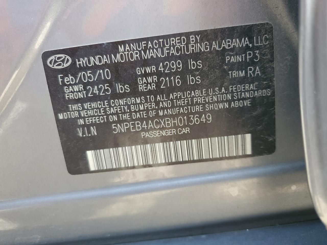 2011 Hyundai Sonata VIN 5NPEB4ACXBH013649 Copart auction photo, vandalism / side damage thumbnail 12