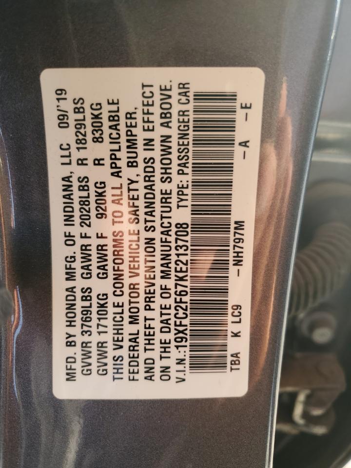 2019 Honda Civic VIN 19XFC2F67KE213708 Copart auction photo, minor dent/scratches damage thumbnail 12