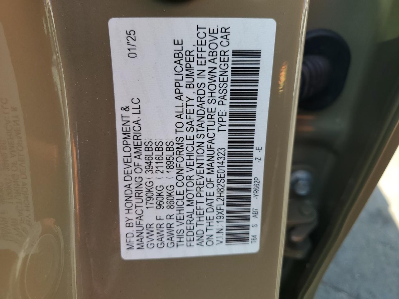 2025 Honda Civic VIN 19XFL2H82SE014323 Copart auction photo, rear end / side damage thumbnail 14