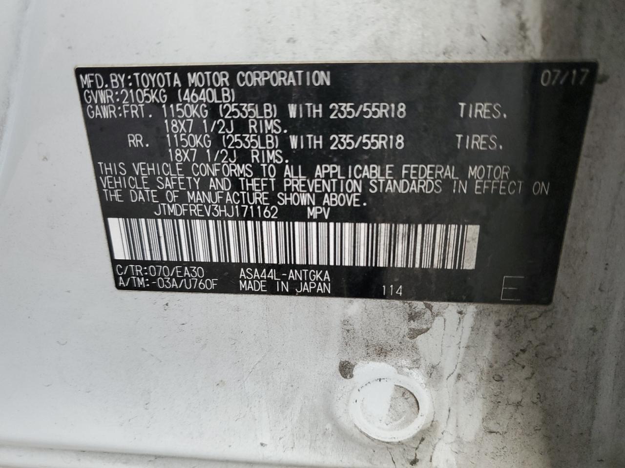 2017 Toyota RAV 4 VIN JTMDFREV3HJ171162 Copart auction photo, front end damage thumbnail 14