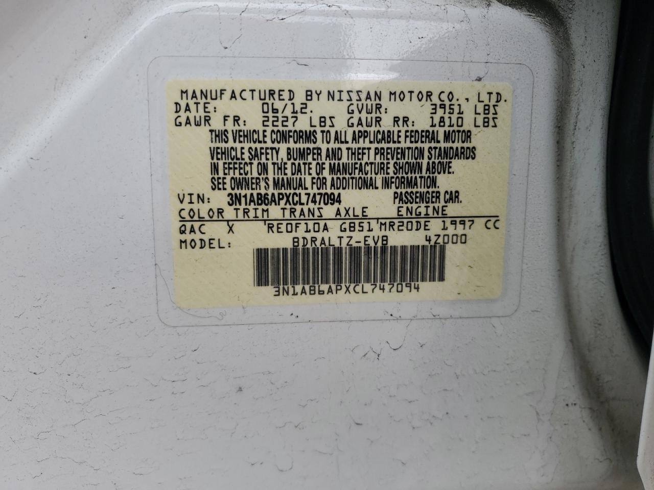 2012 Nissan Sentra VIN 3N1AB6APXCL747094 Copart auction photo, front end / mechanical damage thumbnail 13