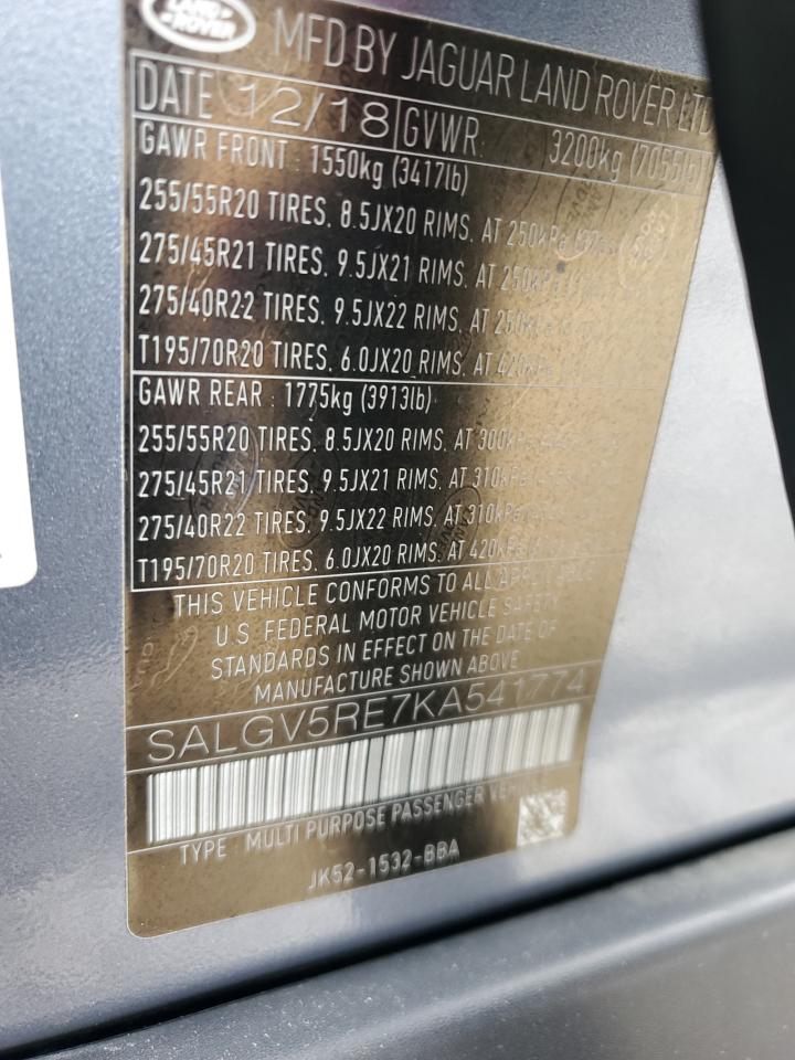 2019 Land Rover Range Rover VIN SALGV5RE7KA541774 Copart auction photo, water/flood / minor dent/scratches damage thumbnail 12