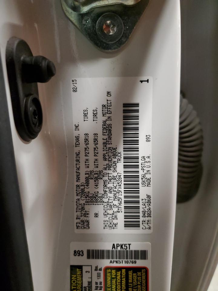 2015 Toyota Tundra VIN 5TFHW5F15FX452847 Copart auction photo, front end damage thumbnail 15