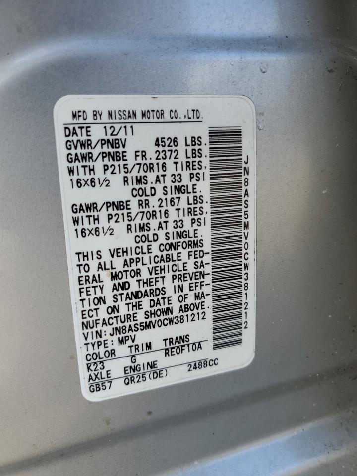 2012 Nissan Rogue VIN JN8AS5MV0CW381212 Copart auction photo, front end damage thumbnail 13