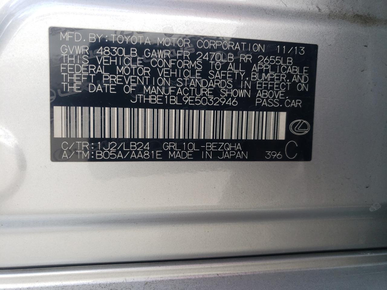 2014 Lexus GS VIN JTHBE1BL9E5032946 Copart auction photo, side / rear end damage thumbnail 12
