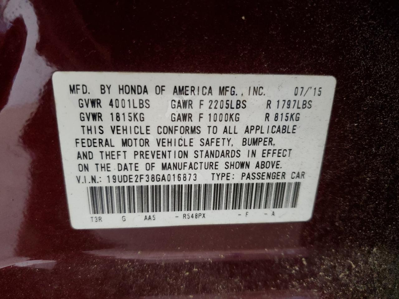 2016 Acura ILX VIN 19UDE2F38GA016873 Copart auction photo, side / rear end damage thumbnail 12