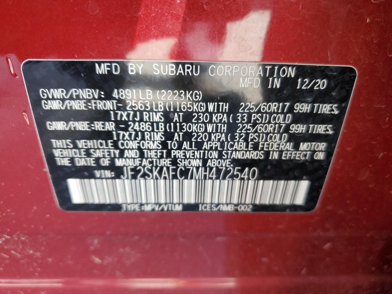 2021 Subaru Forester VIN JF2SKAFC7MH472540 Copart auction photo, front end damage thumbnail 15