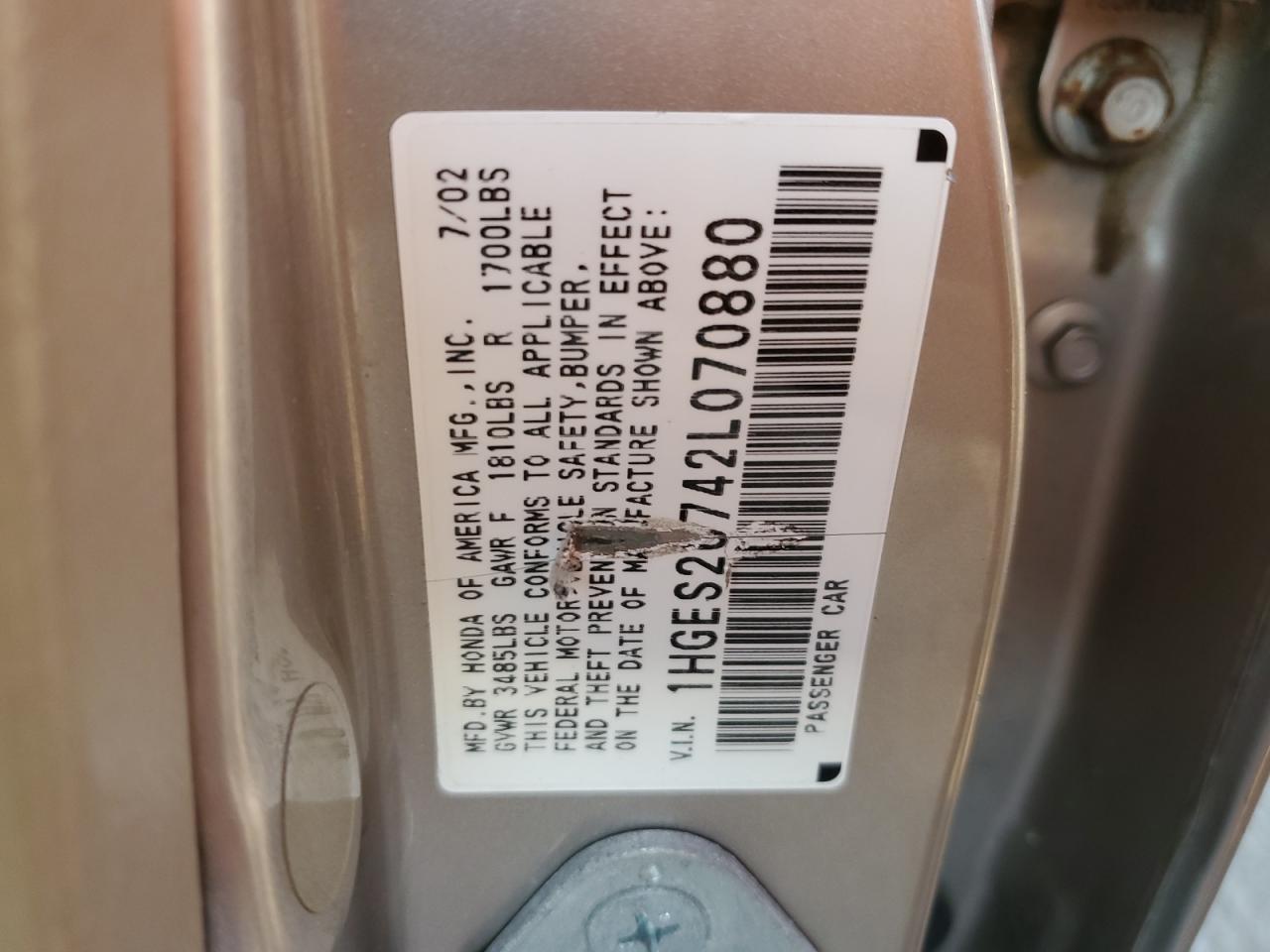 2002 Honda Civic VIN 1HGES26742L070880 Copart auction photo, rear end damage thumbnail 12
