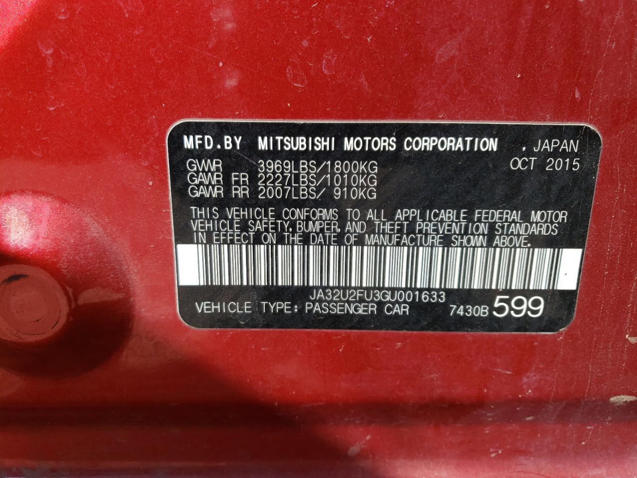 2016 Mitsubishi Lancer VIN JA32U2FU3GU001633 Copart auction photo, front end / rear end damage thumbnail 15