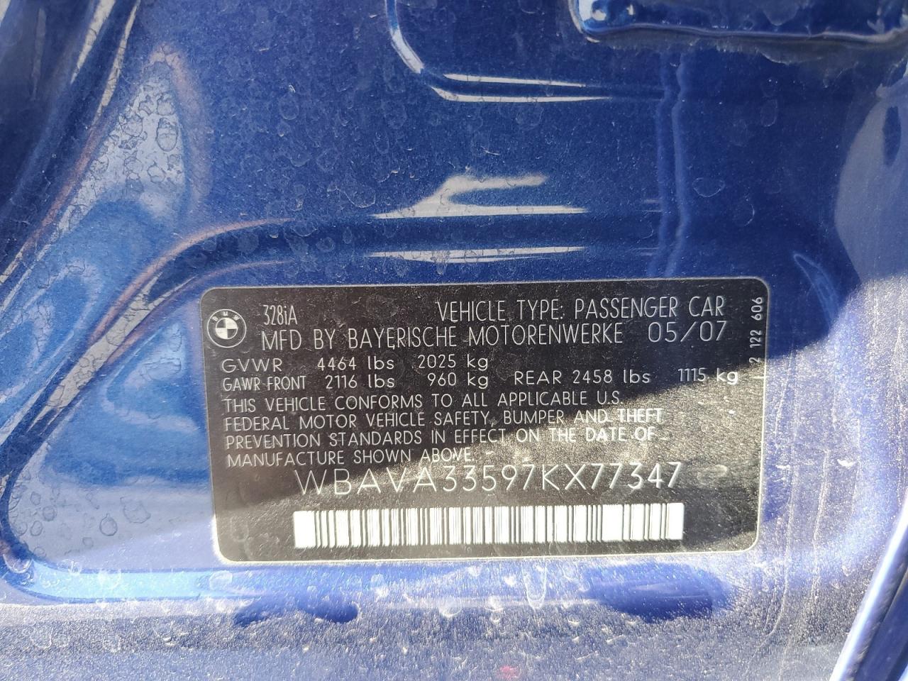 2007 BMW 3er VIN WBAVA33597KX77347 Copart auction photo, rear end damage thumbnail 12