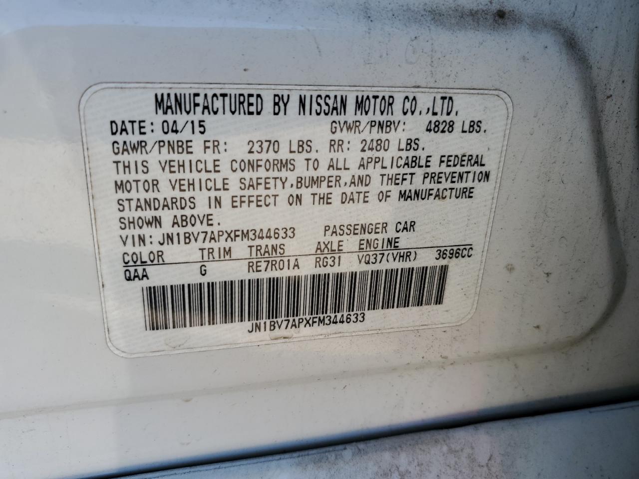 2015 Infiniti Q50 VIN JN1BV7APXFM344633 Copart auction photo, normal wear damage thumbnail 13