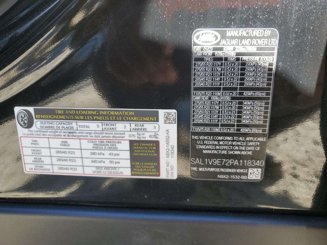 2023 Land Rover Range Rover VIN SAL1V9E72PA118340 Copart auction photo, front end damage thumbnail 13