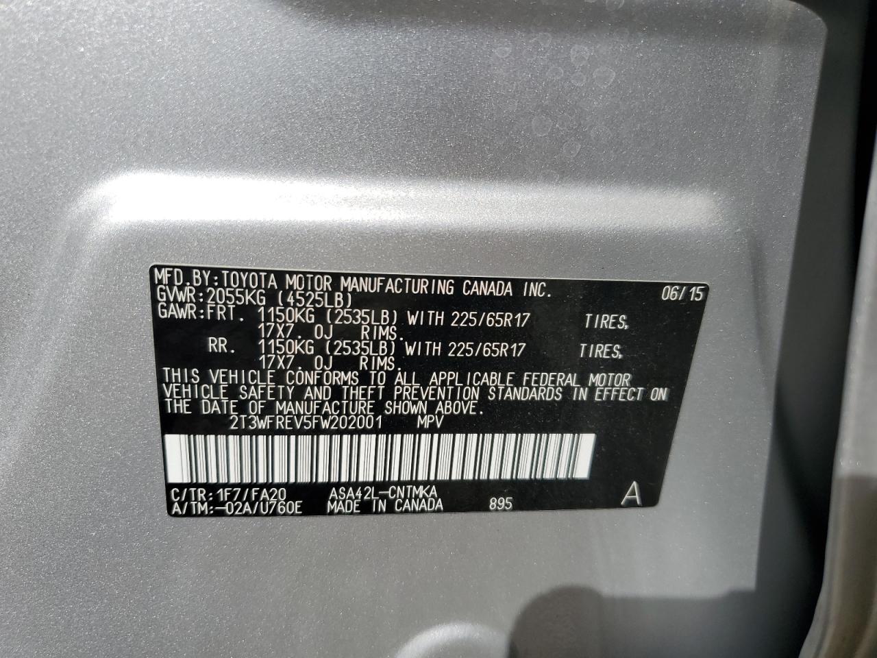 2015 Toyota RAV 4 VIN 2T3WFREV5FW202001 Copart auction photo, front end damage thumbnail 16