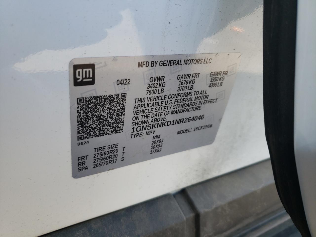 2022 Chevrolet Tahoe VIN 1GNSKNKD1NR264046 Copart auction photo, side damage thumbnail 15