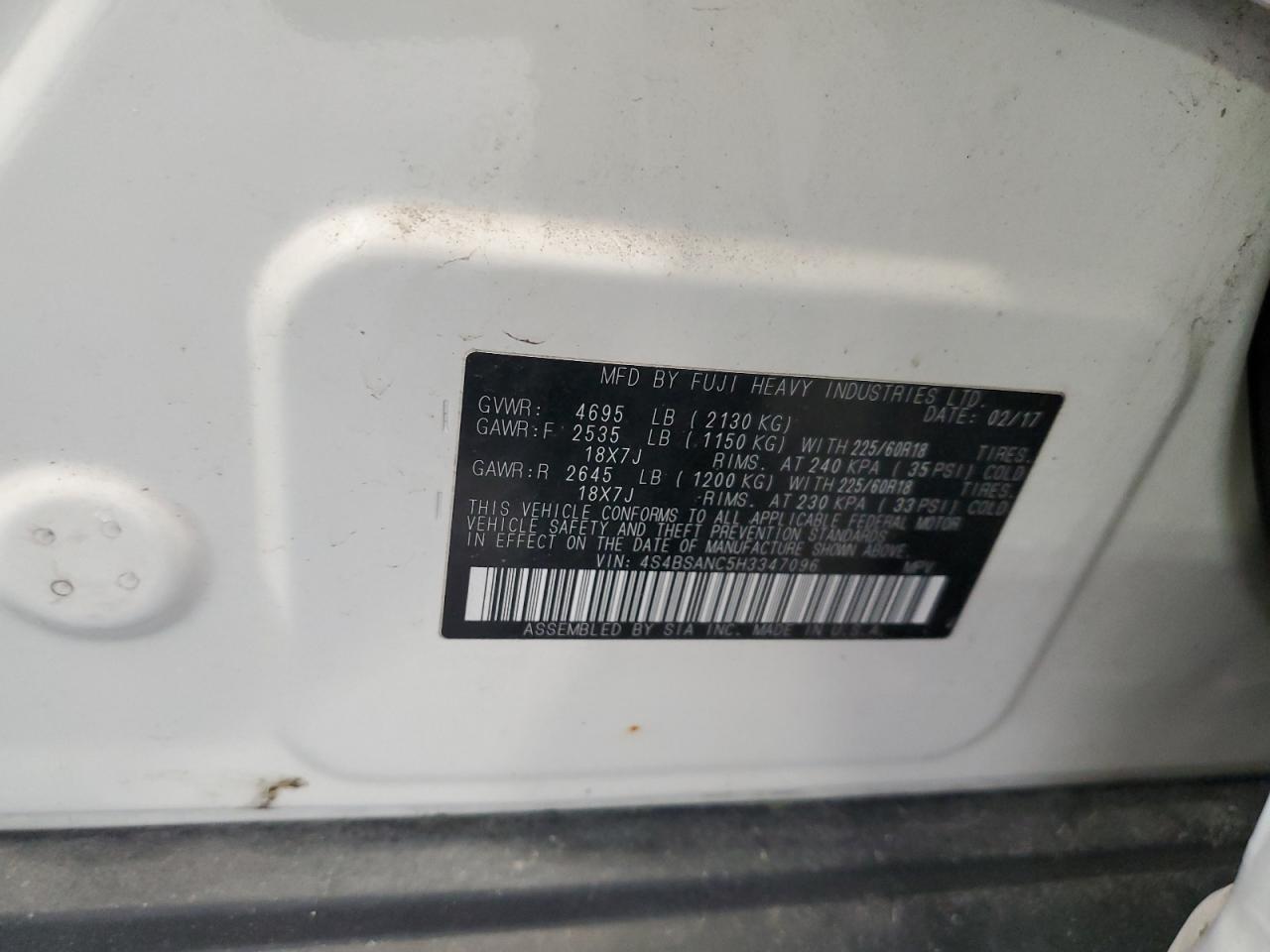 2017 Subaru Outback VIN 4S4BSANC5H3347096 Copart auction photo, front end damage thumbnail 14