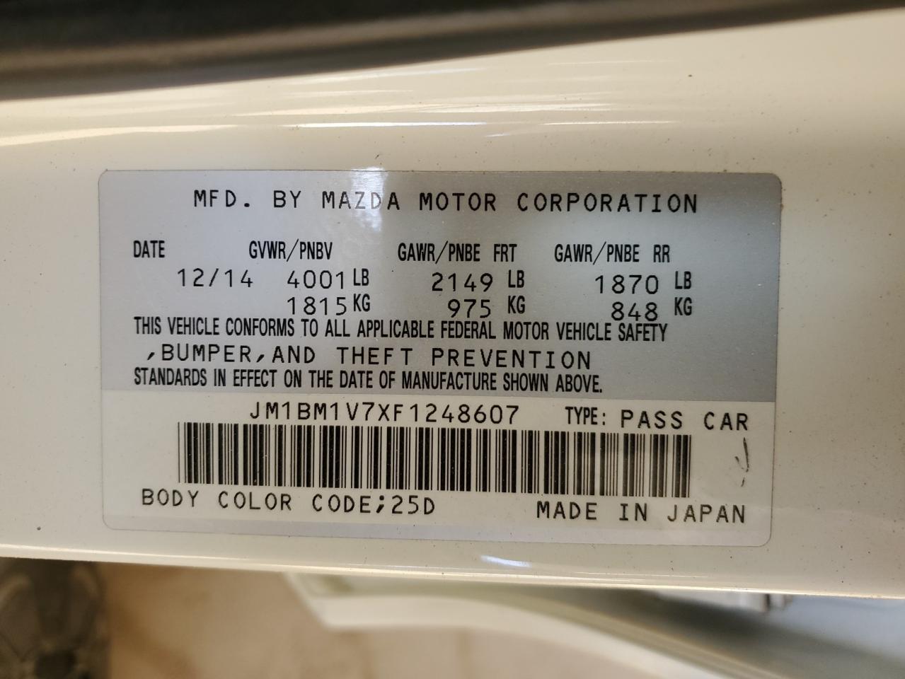 2015 Mazda 3 VIN JM1BM1V7XF1248607 Copart auction photo, front end damage thumbnail 14