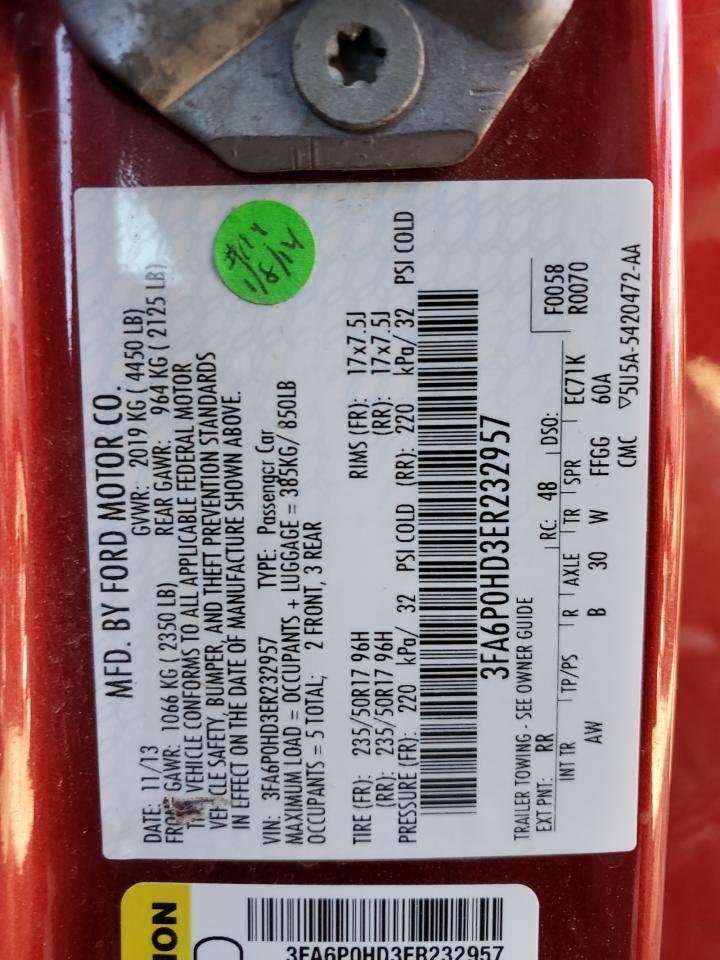 2014 Ford Fusion VIN 3FA6P0HD3ER232957 Copart auction photo, rear end damage thumbnail 12