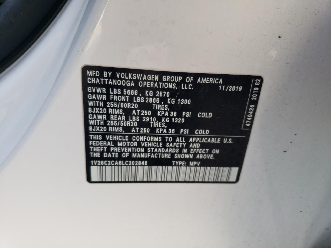 2020 Volkswagen Atlas VIN 1V26C2CA6LC202845 Copart auction photo, front end / undercarriage damage thumbnail 12