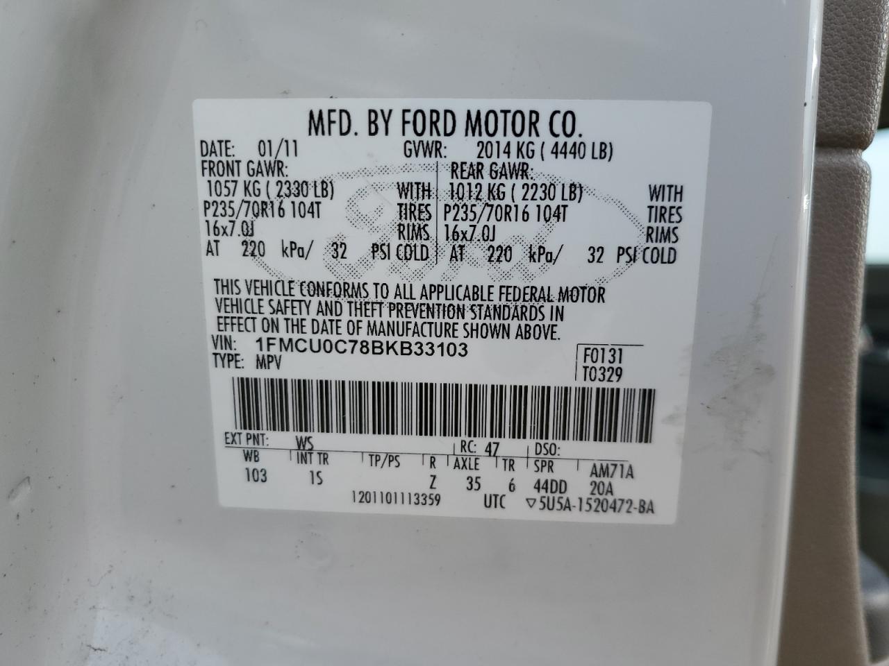 2011 Ford Escape VIN 1FMCU0C78BKB33103 Copart auction photo, front end damage thumbnail 13