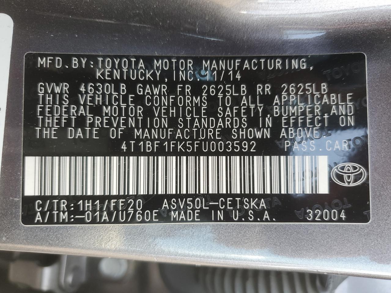 2015 Toyota Camry VIN 4T1BF1FK5FU003592 Copart auction photo, front end / side damage thumbnail 14