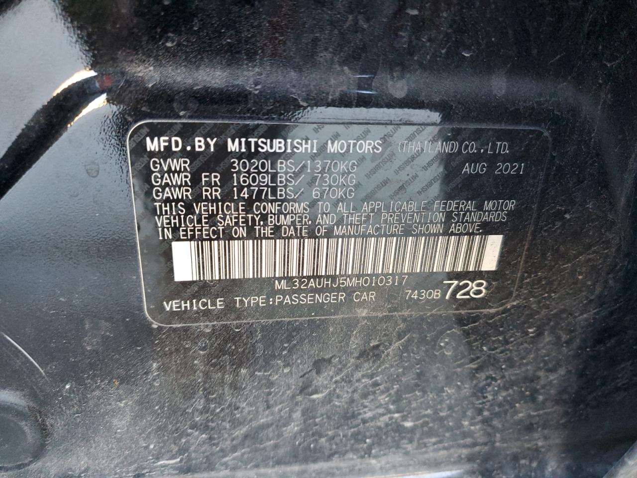 2021 Mitsubishi Mirage VIN ML32AUHJ5MH010317 Copart auction photo, all over damage thumbnail 12