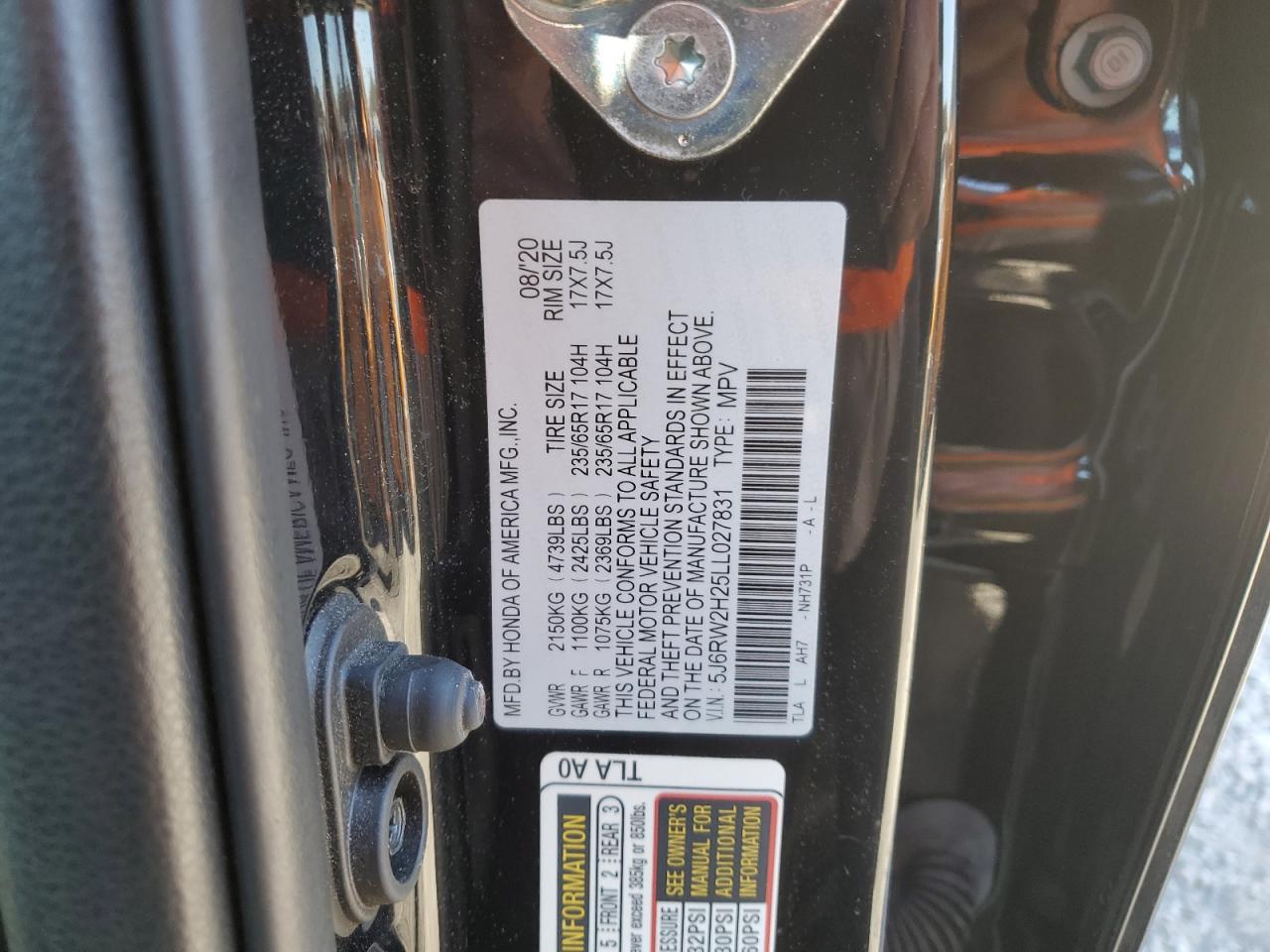 2020 Honda CR-V VIN 5J6RW2H25LL027831 Copart auction photo, water/flood damage thumbnail 13