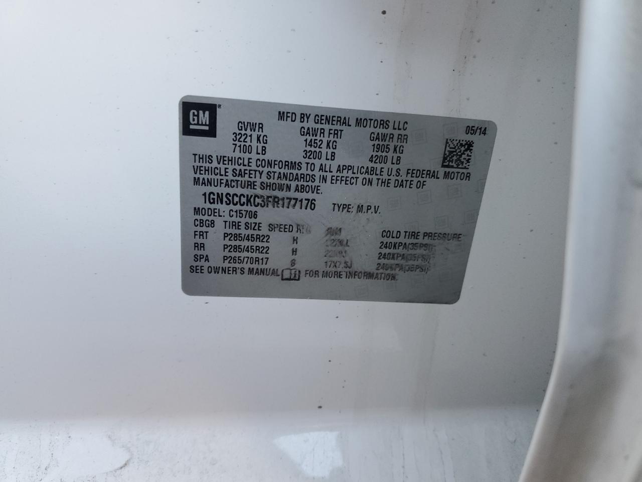 2015 Chevrolet Tahoe VIN 1GNSCCKC3FR177176 Copart auction photo, side / rear end damage thumbnail 13