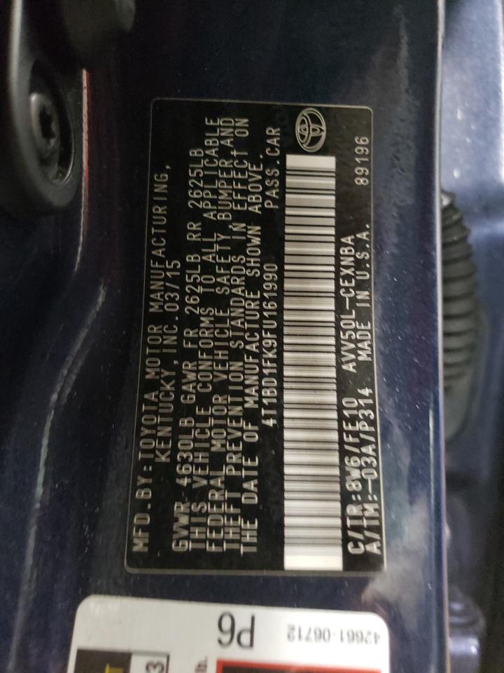 2015 Toyota Camry VIN 4T1BD1FK9FU161990 Copart auction photo, rear end damage thumbnail 12