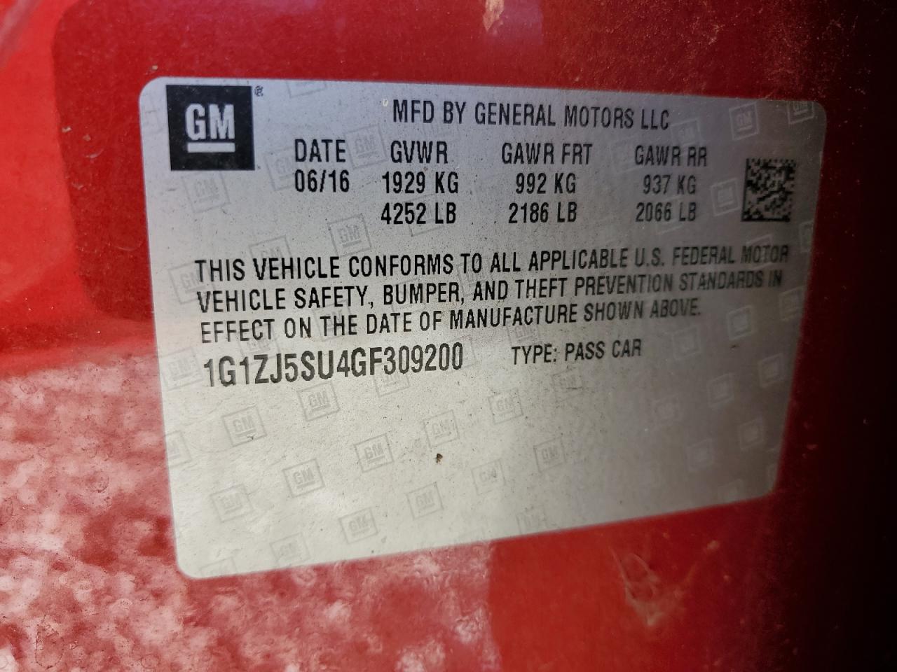 2016 Chevrolet Malibu VIN 1G1ZJ5SU4GF309200 Copart auction photo, front end / minor dent/scratches damage thumbnail 12