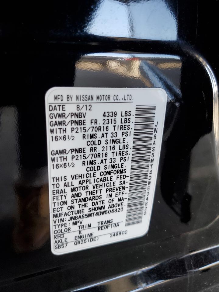2013 Nissan Rogue VIN JN8AS5MT4DW504820 Copart auction photo, rear end / undercarriage damage thumbnail 12