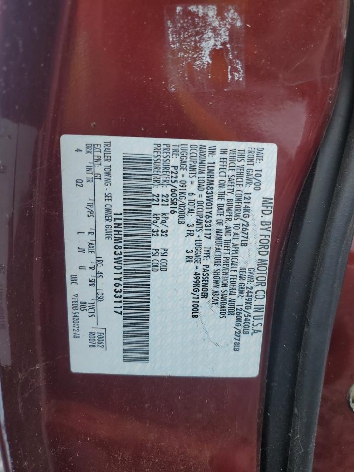 2001 Lincoln Town Car VIN 1LNHM83W01Y633117 Copart auction photo, water/flood damage thumbnail 13