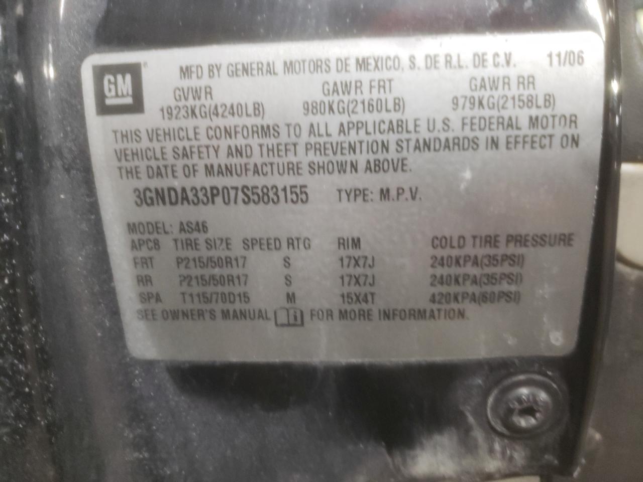 2007 Chevrolet HHR VIN 3GNDA33P07S583155 Copart auction photo, front end damage thumbnail 13