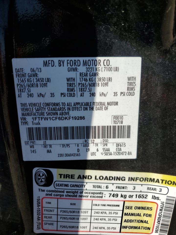 2013 Ford F-150 VIN 1FTFW1CF6DKF19286 Copart auction photo, side damage thumbnail 12