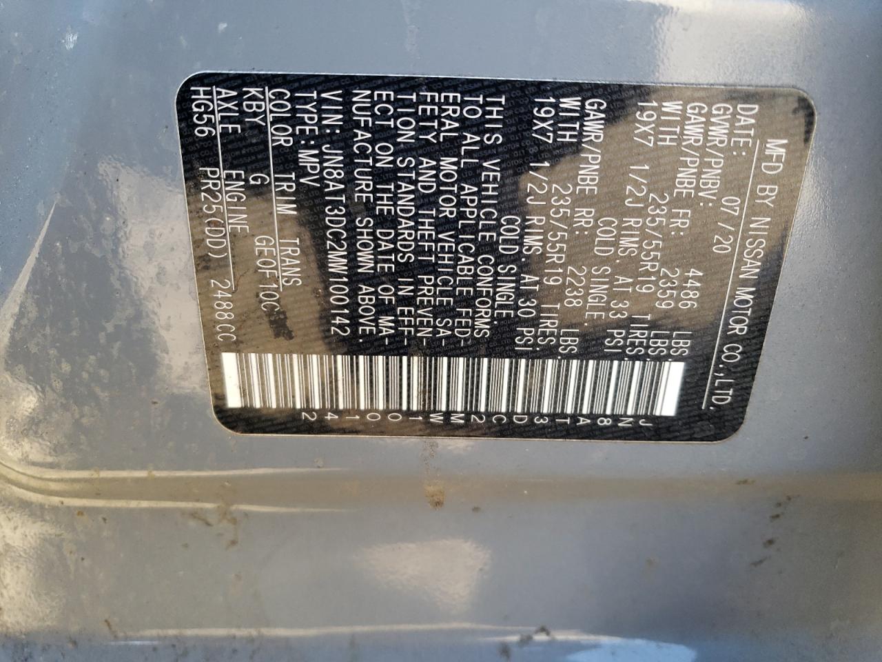 2021 Nissan Rogue VIN JN8AT3DC2MW100142 Copart auction photo, all over damage thumbnail 16