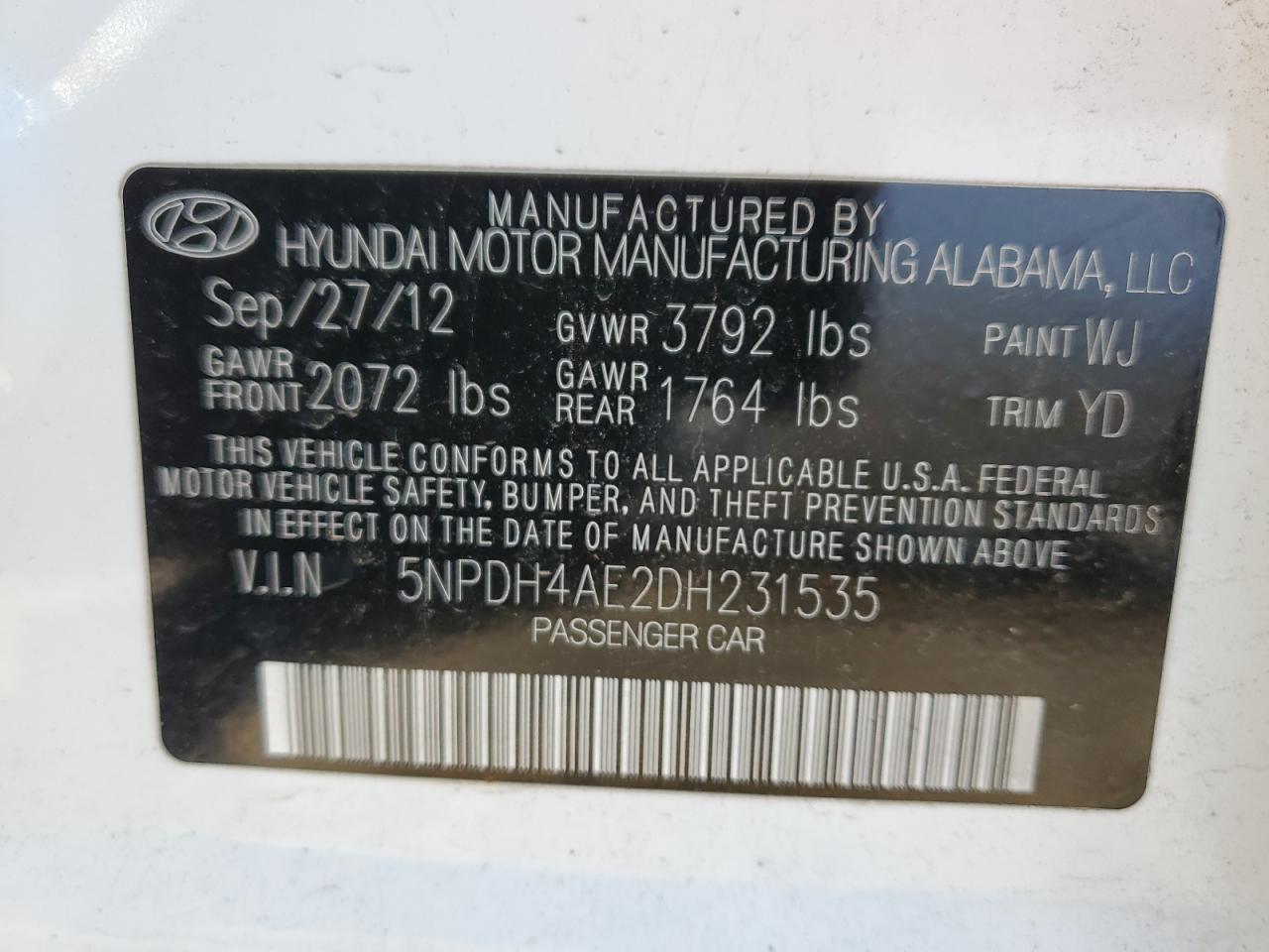 2013 Hyundai Elantra VIN 5NPDH4AE2DH231535 Copart auction photo, rear end damage thumbnail 14