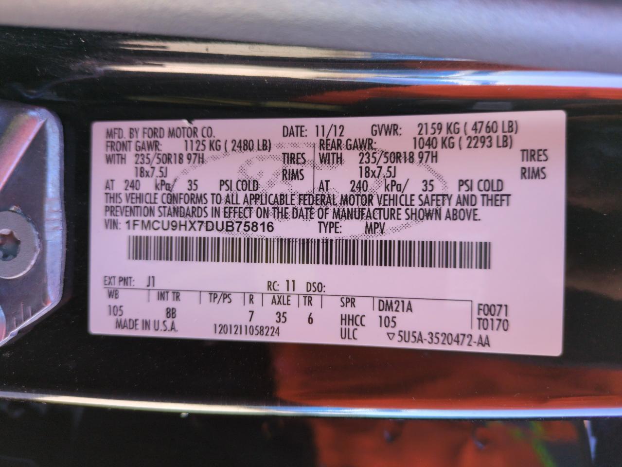 2013 Ford Escape VIN 1FMCU9HX7DUB75816 Copart auction photo, rear end / front end damage thumbnail 12