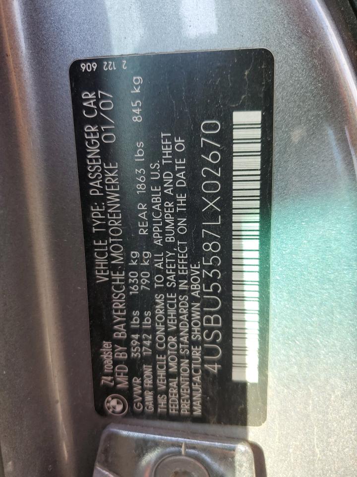 2007 BMW Z4 VIN 4USBU53587LX02670 Copart auction photo, side damage thumbnail 12