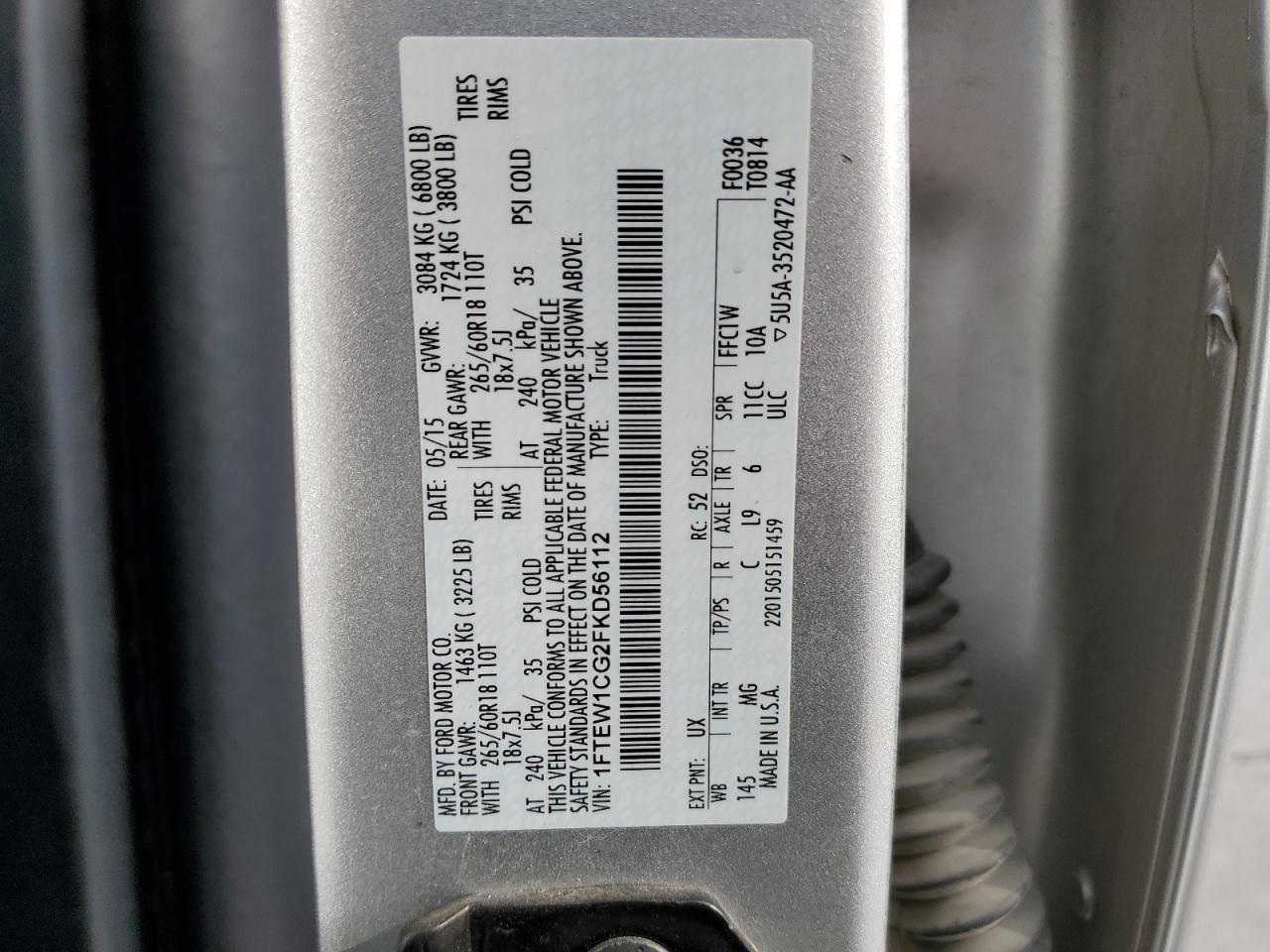 2015 Ford F-150 VIN 1FTEW1CG2FKD56112 Copart auction photo, front end / mechanical damage thumbnail 12