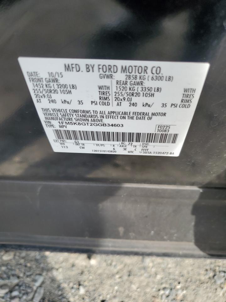 2016 Ford Explorer VIN 1FM5K8GT2GGB34603 Copart auction photo, side / front end damage thumbnail 14