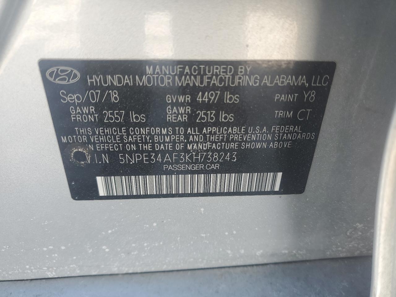 2019 Hyundai Sonata VIN 5NPE34AF3KH738243 Copart auction photo, front end / side damage thumbnail 14