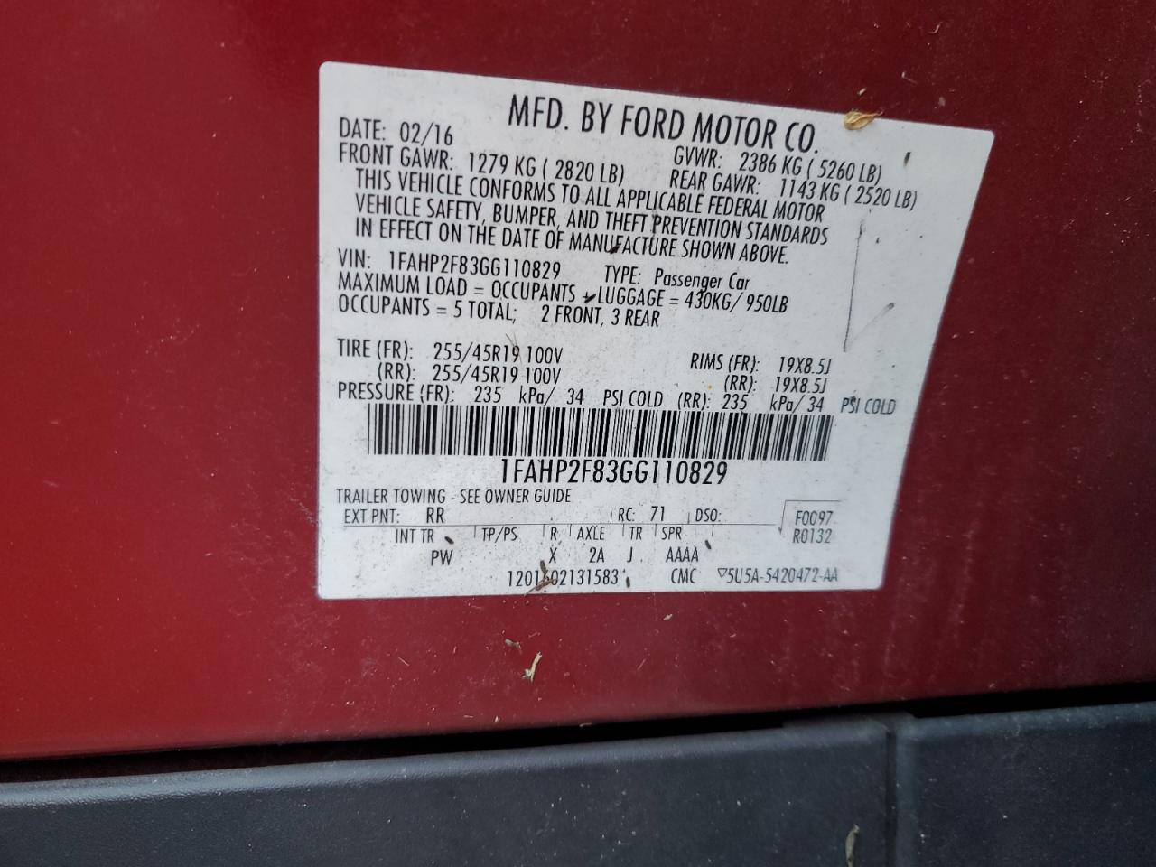 2016 Ford Taurus VIN 1FAHP2F83GG110829 Copart auction photo, front end damage thumbnail 14