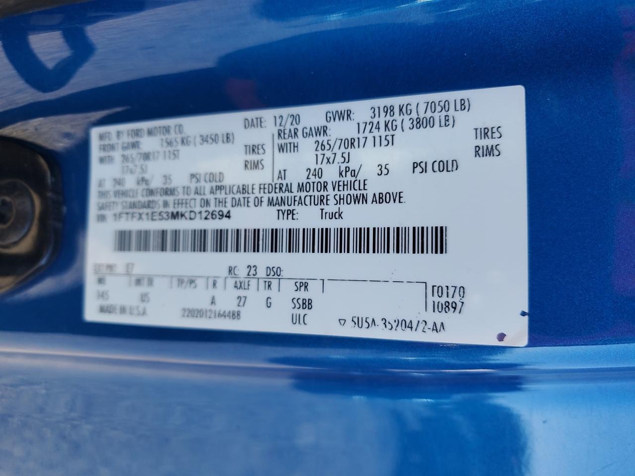 2021 Ford F-150 VIN 1FTFX1E53MKD12694 Copart auction photo, side damage thumbnail 15