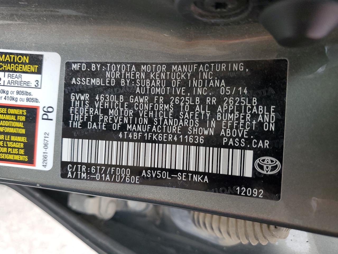 2014 Toyota Camry VIN 4T4BF1FK6ER411636 Copart auction photo, front end damage thumbnail 12