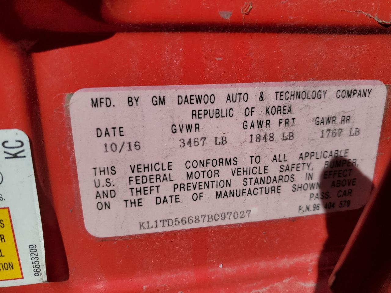 2007 Chevrolet Aveo VIN KL1TD56687B097027 Copart auction photo, mechanical damage thumbnail 12
